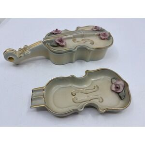 Vintage Ceramic Violin Shaped Trinket Box & Dish Violin Viola Cello - A Set